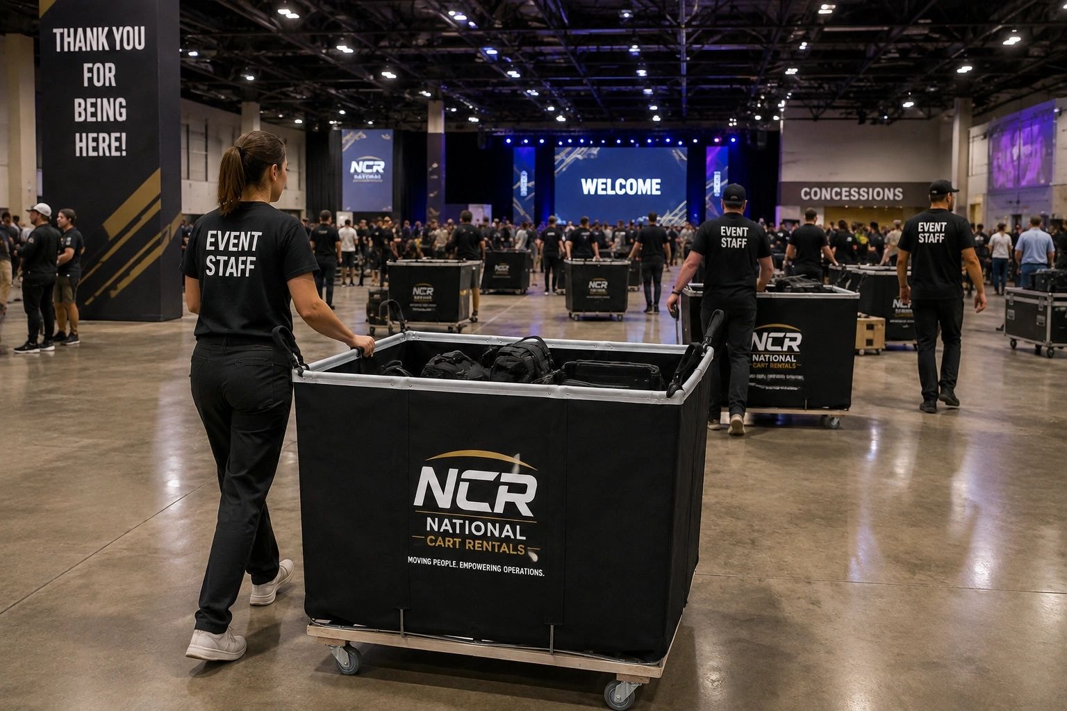 Event staff managing NCR rental carts at a convention venue